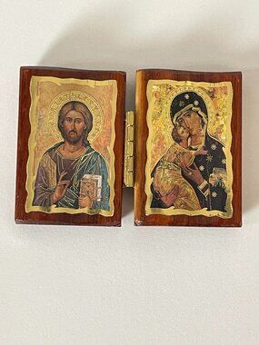 Christ and Mother Mary Miniature Diptych Wood Icon Religious Art Italy